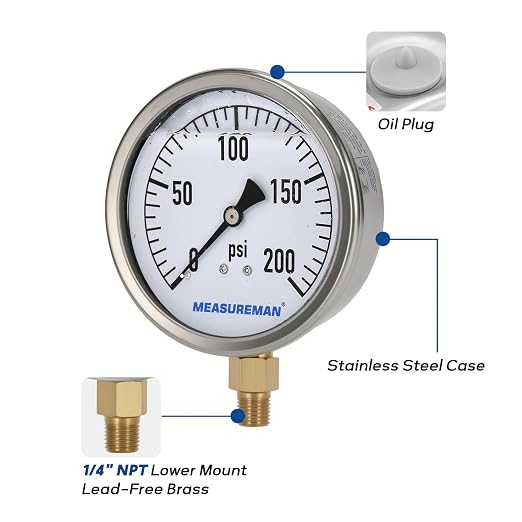 MEASUREMAN Glycerin Filled Plumbing Pressure Gauge 0-200psi Stainless Steel Case - Image 5