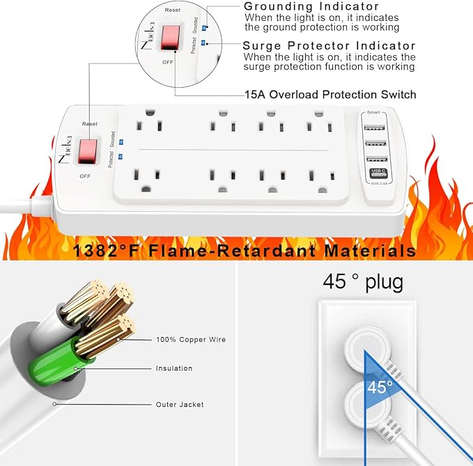 6FT Surge Protector Power Strip, Nuetsa Extension Cord with 8 Outlets and 4 USB Ports, 6 Feet Power Cord (1625W/13A), 2700 Joules, ETL Listed, White