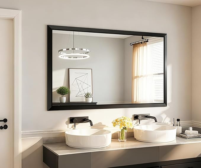 SMIROR Matte Black Bathroom Mirror for Over Sink 50x 36 inch, Metal Thick Frame Rectangle Vanity Mirror for Wall, Anti-Rust, Horizontally or Vertically Mounted