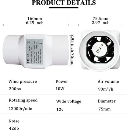 Inline Extractor Duct Fan with Speed Controller 3 inch/75mm Air Diffuser - Image 2