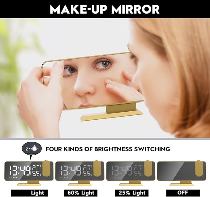 Mightree Projection Alarm Clock for Bedroom, Digital Alarm Clock with USB Charger, 7.4" Large LED Mirror Display Radio Alarm Clock, Dual Smart Alarm with Projection on Ceiling, Rich Gold