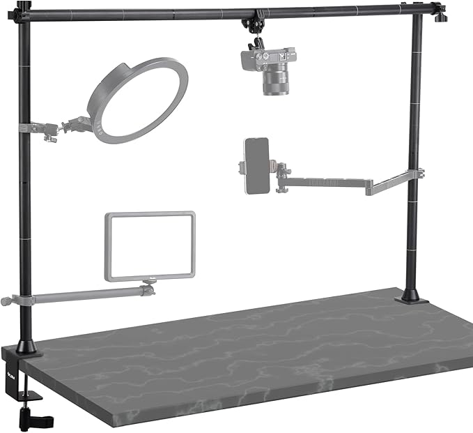 JUSMO LS15 Pro Camera Desk Mount, Aluminum Overhead Camera Mount Rig, Table Multi-Device Pole to Mount Magic Arm Clamp, DSLR, Cameras, Phone, Light, Microphone, Streaming, Studio, Max Load 22 lb