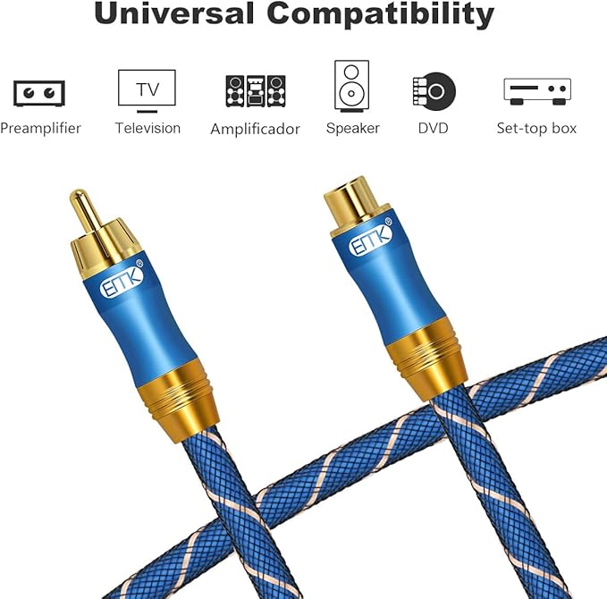 RCA Extension Cable(16.4ft/5m) EMK RCA Male to Female Cable Gold Plated Copper Shell Heavy Duty Digital Coaxial Audio Cable Subwoofer Cable for Home Theater, HDTV, Amplifiers, Hi-Fi Systems