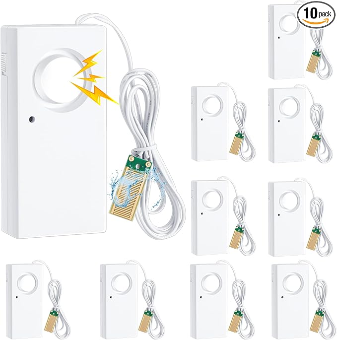 Hoteam 10 Pcs Water Sensor Alarm Leak Detector 120db Water Leak Alarm 9v Battery Flood Sensor Detector Overflow Security Alert for Home Basement Kitchen Garage Bath Tub Sink, White