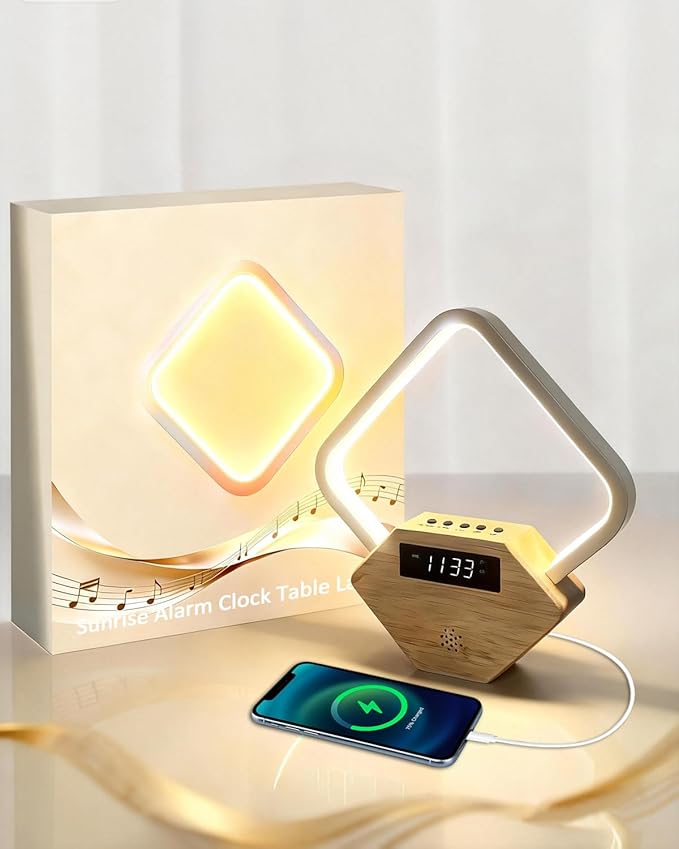 Wood Sunrise Alarm Clock with White Noise Machine 3 Color Night Light 15 Soothing Sounds Sleep Aid 30/60/90min Timer 10 Alarm Ringtones USB C PD Phone Charger Anniversary Birthday Gifts for Women Men