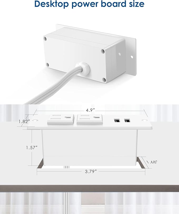 Conference Recessed Power Strip Socket 6.56Ft Cord,Desktop Power Grommet Power Strip with 2-Outlet & 2 USB Ports,Furniture Flush Mount Charging Station,Desk Outlet for Side Table or End Table(White)