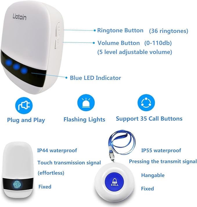 LIOTOIN Caregiver Pager Wireless Call Button Alert Button Call Bell Emergency Button for Home/Elderly/Patients Panic Button Nurse Alert Call System 3Call Button 3Receivers (600+ft Operating Range)