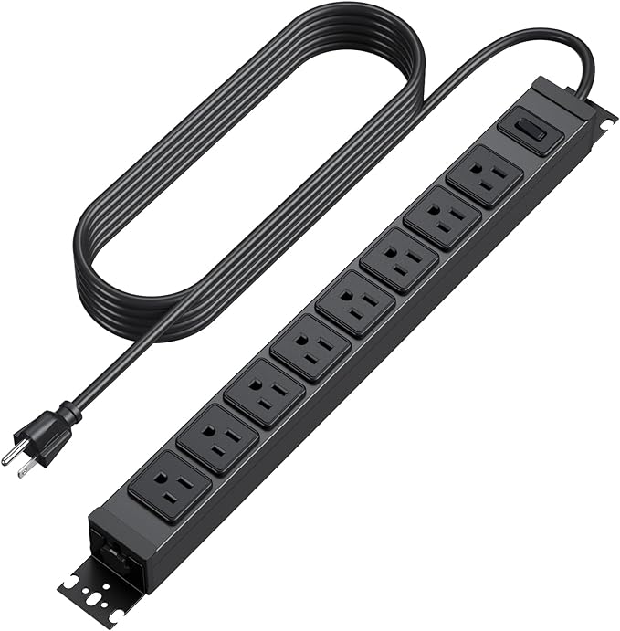 HHSOET Metal 360° Rotating Mountable Power Strip, 8 Outlet Gaming Table Mounted Long Power Strip, Heavy Duty Wall Mount Surge Protector with Switch, 15A 125V 1875W, 15ft Power Cord.(Black)