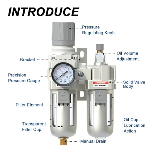 AIRZOE 3/8" NPT Compressed Air Filter Regulator Lubricator Combo, Air - Image 3