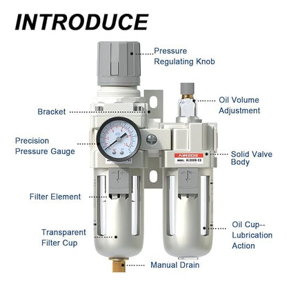 AIRZOE 3/8" NPT Compressed Air Filter Regulator Lubricator Combo, Air - Image 3