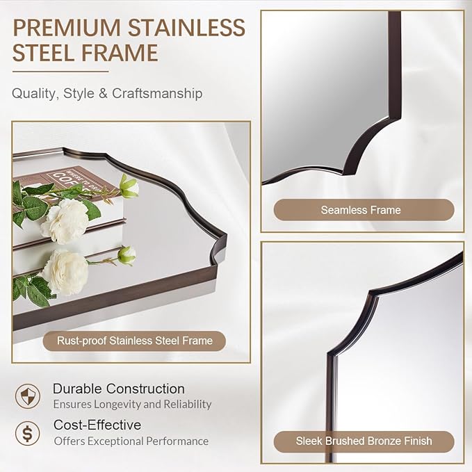 ANDY STAR Brushed Bronze Mirror, 28x36 Inch Bathroom Mirror, Scalloped Mirrors for Bathroom, Anti-Rust Stainless Steel Frame, Unique Curved Design Ideal for Bathroom, Living Room, Mantel