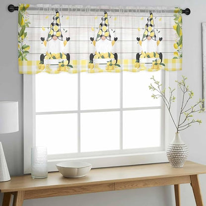 Lemon Dwarfs Sheer Valance Curtains, Gnome Green Leaf Wood Striped Black Plaid - Image 3