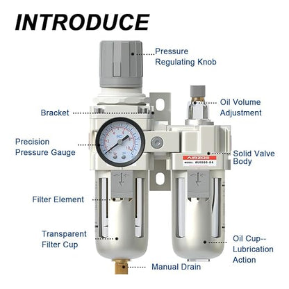 AIRZOE 1/2" NPT Compressed Air Filter Regulator Lubricator Combo, Air - Image 3