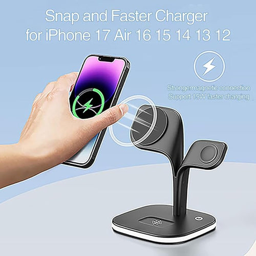 3 in 1 Wireless Charging Station for Apple Magsafe Charger Stand,Magnetic Wireless Charger Station for iPhone 17 Air 16 15 14 13 12 Series,Apple Watch Series 1-10,AirPods with LED and Adapter
