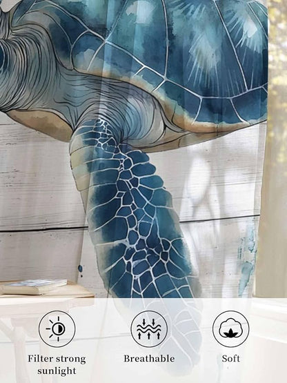 Sheer Curtains 54 Inch Length, Teal Green Ocean Turtle Semi Sheer Curtains - Image 6