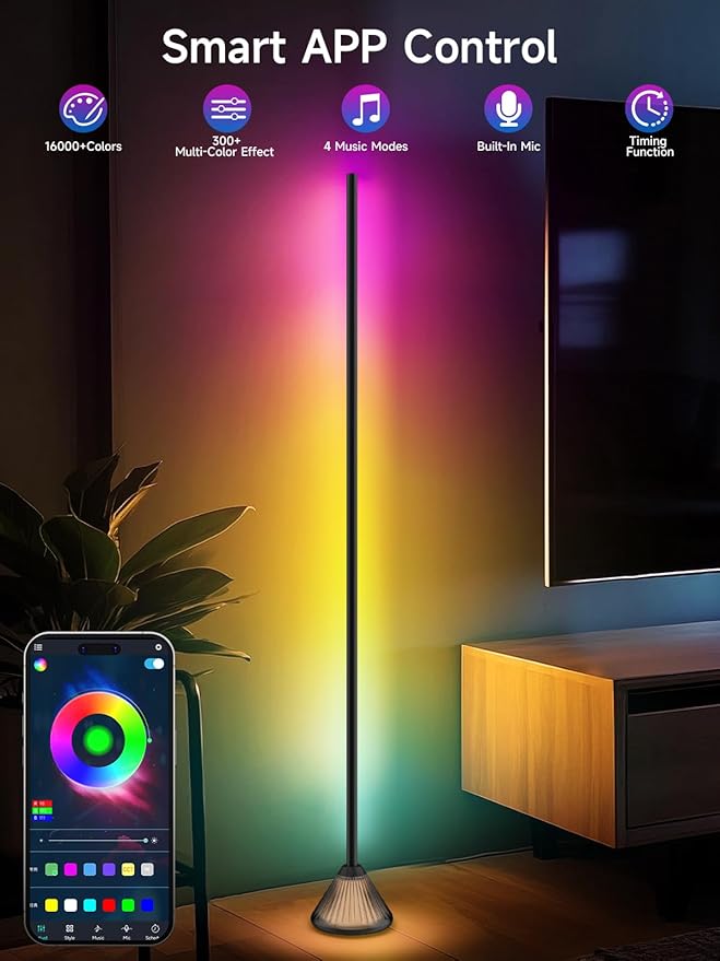 Tyute Corner Floor Lamp, Smart RGB LED Corner Lamp with App & Remote Control, Music Sync, Scene Modes, Modern Ambient Lighting Floor Lamp for Living Room, Bedroom, Gaming Room Decor