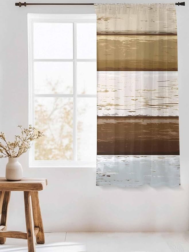 Sheer Curtains 63 Inch Length, Wood Grain Brown Semi Sheer Curtains Light - Image 3