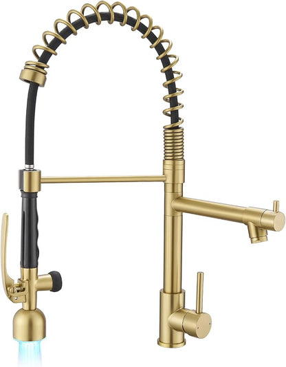 Fapully Single Handle High Arc Brushed Gold Pull Down Kitchen Faucet LED by Fapully