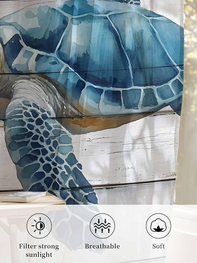 Sheer Curtains 96 Inches Long, Sea Turtle Blue Semi Sheer Curtains Light - Image 6