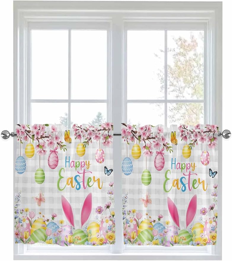 Happy Easter Half Window Curtains 24 Inches Long, Spring Watercolor Bunny Eggs by Unknown