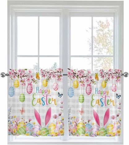 Happy Easter Half Window Curtains 24 Inches Long, Spring Watercolor Bunny Eggs by Unknown