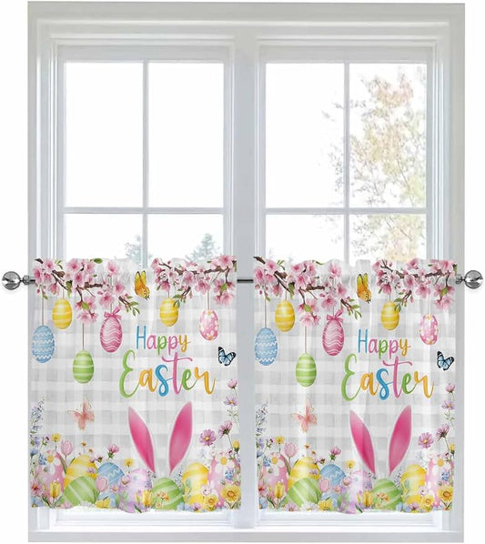 Happy Easter Half Window Curtains 24 Inches Long, Spring Watercolor Bunny Eggs by Unknown