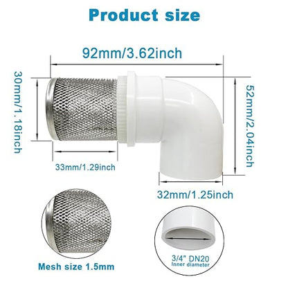 DN20 inch stainless steel filter cover connected to 90 degree elbow 3/4" PVC - Image 3