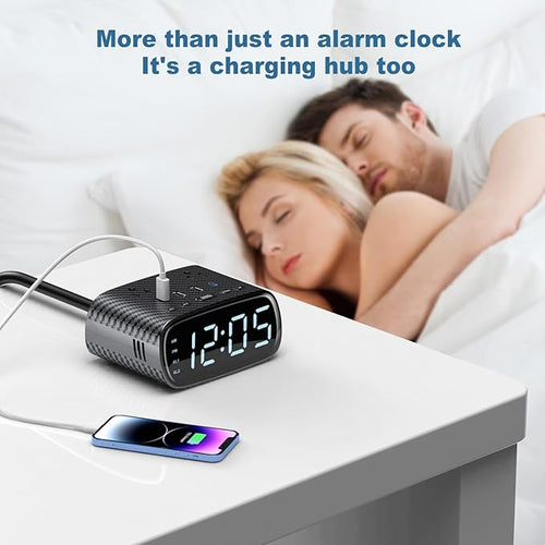 2PCS Alarm Clock with 2 USB-C, 2 USB-A Chargers Power Strip 2 Outlets - Screen LED Dimmable Digital Clock with Snooze Function - Dual Alarm for Bedside Nightstand