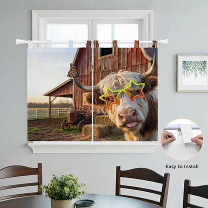 Farm Yaks Kitchen Curtains 45 Inch Length, Short Cafe Window Curtains Tab Top - Image 4