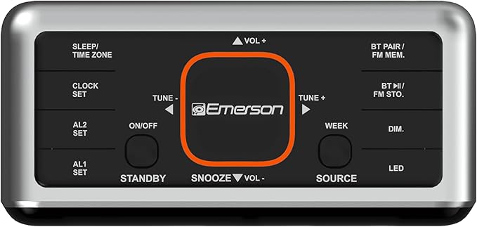 Emerson CKS1521-A SmartSet Bluetooth Dual Alarm Clock Radio with 1.4” Orange LED Display, Auto Time-Set, USB Phone Charger, FM Radio, AUX Input, Auto-Dimmer & Orange Accent Light