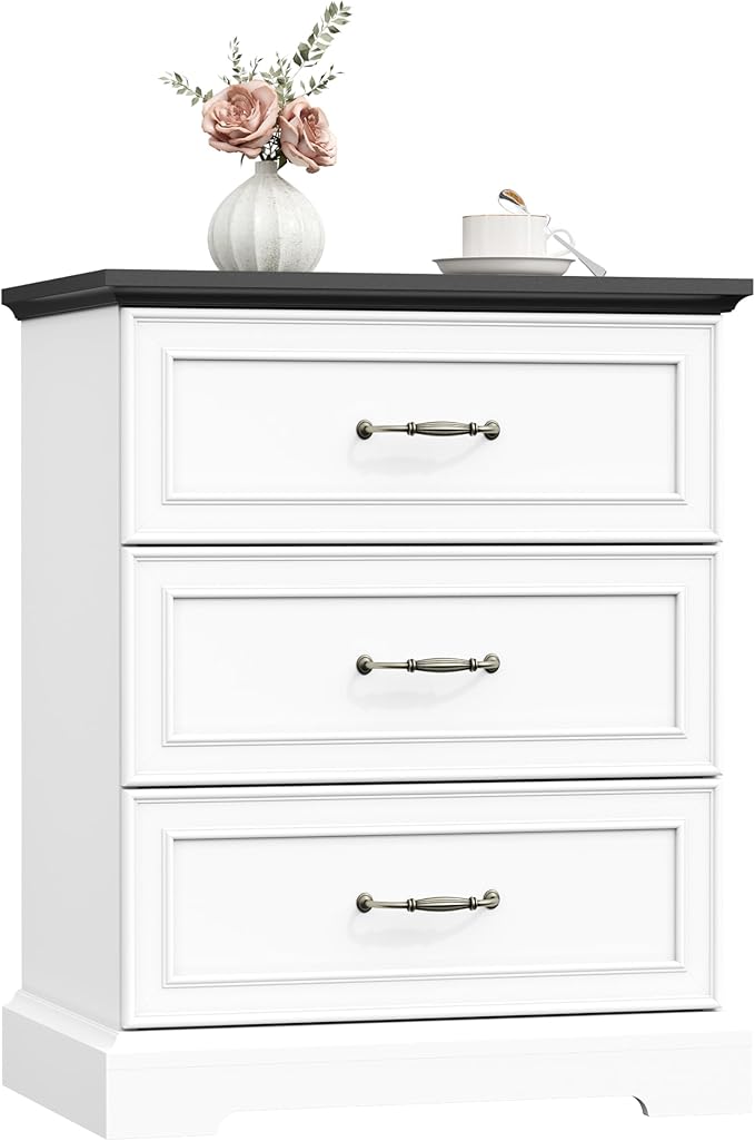 Nightstand Set of 2,24" Wide End Table with 3 Large Drawers & Metal Handles,Rustic Farmhouse Wood Small Dresser,Bedside Table,Modern Chest of Drawers for Bedroom,Living Room,White