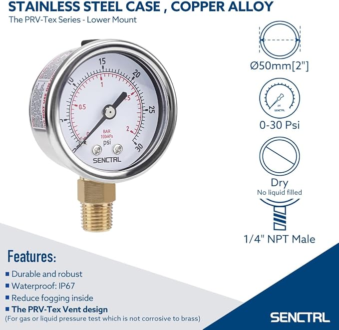SENCTRL 0-30 Psi Low Pressure Gauge, 1/4 Npt Lower Mount, Waterproof, Stainless - Image 2