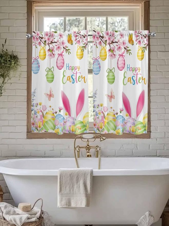 Happy Easter Kitchen Curtains 54 Inches Length, Spring Watercolor Bunny Eggs - Image 7