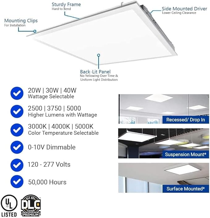 2x2 FT LED Light Flat Panel, 20/30/40W, CCT Selectable 30K | 35K | 40K | 50K | 65K, 0-10V Dimmable Recessed Drop Ceiling Lights, 2500/3750/5000 Lumens, Lay in Fixture, 120-277V, UL DLC(4 Pack)