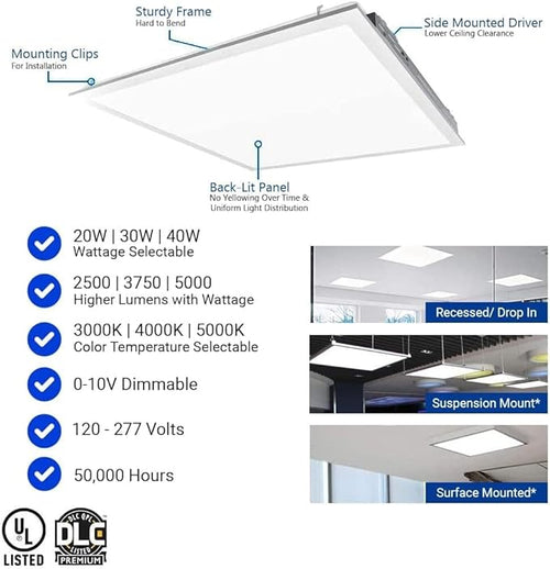 2x2 FT LED Light Flat Panel, 20/30/40W, CCT Selectable 30K | 35K | 40K | 50K | 65K, 0-10V Dimmable Recessed Drop Ceiling Lights, 2500/3750/5000 Lumens, Lay in Fixture, 120-277V, UL DLC(4 Pack)