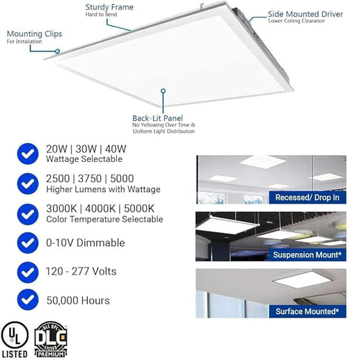 2x2 FT LED Light Flat Panel, 20/30/40W, Color Temperature Selectable 3K | 4K | 5K, Dimmable Recessed Drop Ceiling Lights, 2500/3750/5000 Lumens, Lay in Fixture for Office, 120-277V, UL DLC(12 Pack)