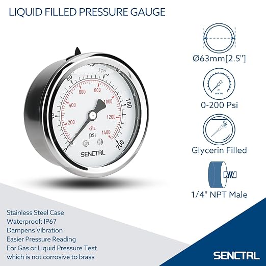 SENCTRL 0-200 Psi Glycerin Liquid Filled Pressure Gauge, 2.5" Dial Size - Image 2