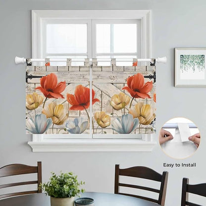 Retro Floral Kitchen Curtains 24 Inch Length, Small Window Curtains Tab Top - Image 4