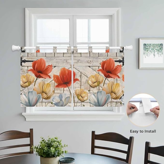 Retro Floral Kitchen Curtains 36 Inch Length, Small Window Curtains Tab Top - Image 4