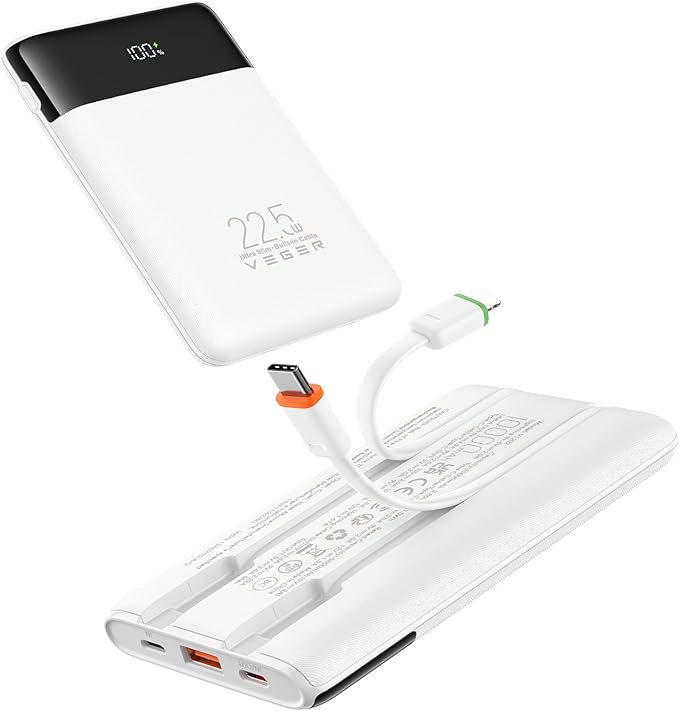 VEGER Portable Charger with Built in Cable, 10000mAh 22.5W Fast Charging USB C Battery Pack, 4 Outputs 3 Inputs Power Bank for iPhone 16/15/14/13 Series, iPad, Samsung, Android, Tablet, White(1 Pack)