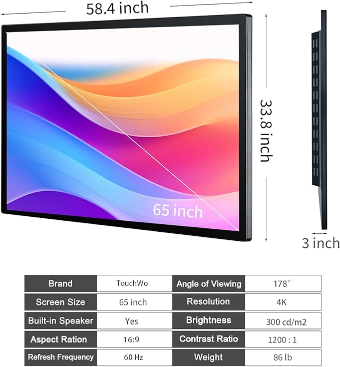 TouchWo 65-inch Interactive Touchscreen Monitor, Electronic Whiteboard Touch Screen with 4K Display, Smart Board for Home Office and Classroom, Bundled Android 11, RAM 4G & ROM 32G