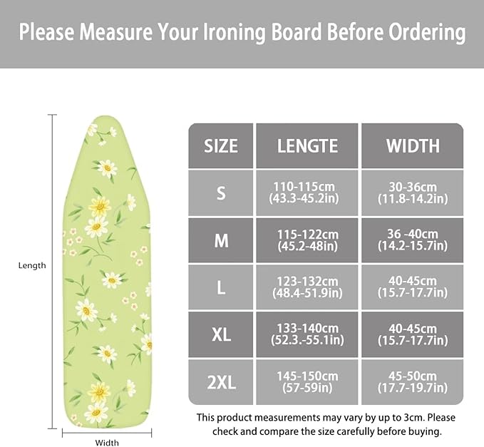 ZCFYGDX Fresh White Daisy Print Ironing Board Cover, Resist Scorching & Staining, Easy to Install Resistant Elastic Edges, 3 Nylon Buckle Straps Fasteners, Protective Scorch Cloth Covers Size-L