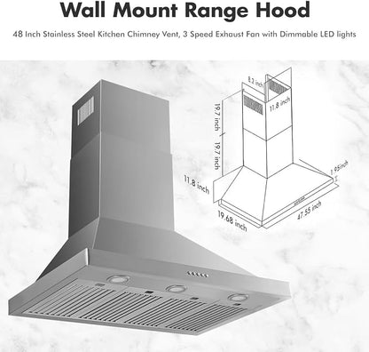 48 inch Wall Mount Range Hood Vent Convertible Vent 800CFM Stainless Steel - Image 3