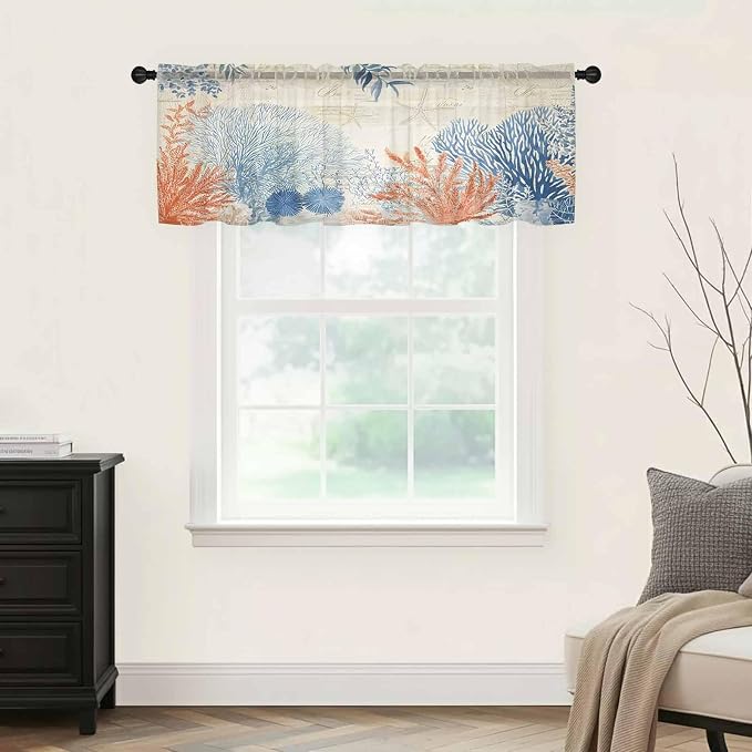 Ocean Corals Sheer Valance Curtains, Summer Beach Coral Sea Stars Retro Texture - Image 5
