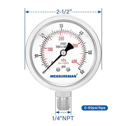 MEASUREMAN Fully Stainless Steel Hydraulic Glycerin Filled Pressure Gauge - Image 7