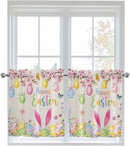 Happy Easter Half Window Curtains 24 Inches Long, Spring Farmhouse Bunny Eggs by Unknown