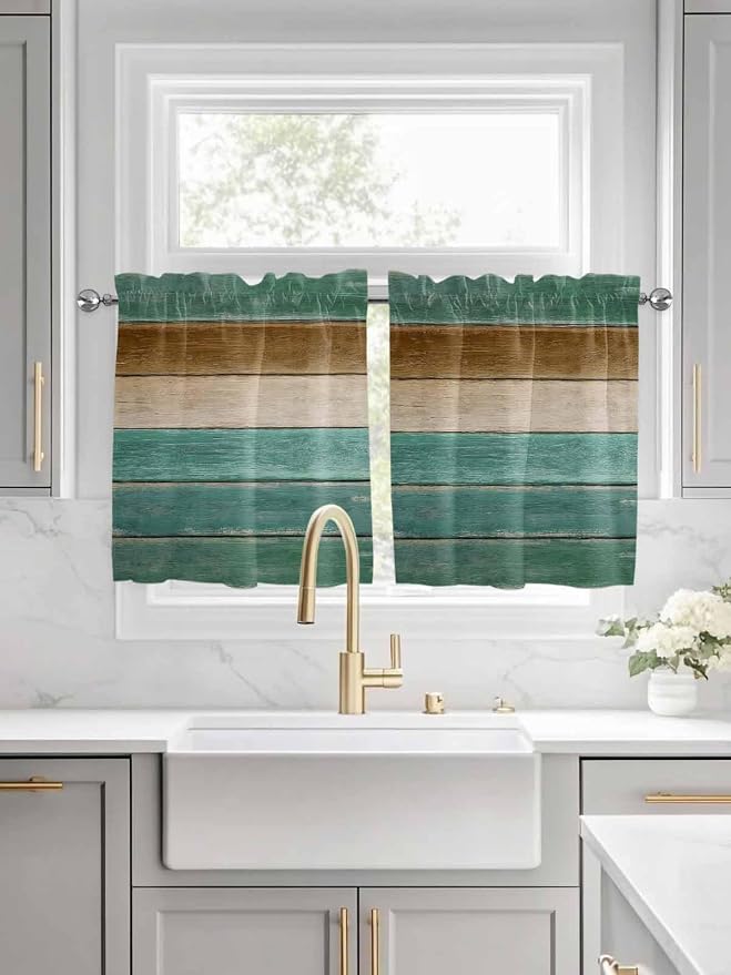 Vintage Plank Turquoise Brown Window Valance Curtains, Farmhouse Wood Grain - Image 2