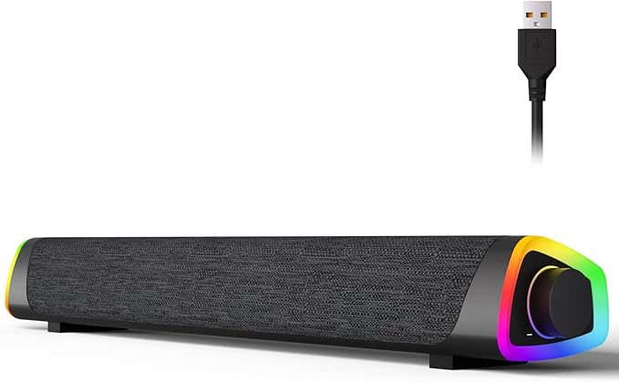 SOULION R30 Plus Bluetooth Computer Speakers, All-in-One Control Button with 6 Modes LED Lights PC Speaker, Wired USB Powered Surround Soundbar for Desktop Monitor Laptop Gray