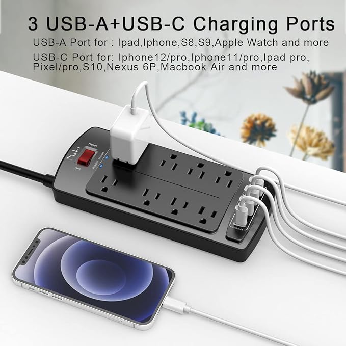 Surge Protector Power Strip - Nuetsa Flat Plug Extension Cord with 8 Outlets and 4 USB Ports, 20 Feet Power Cord (1625W/13A), 2700 Joules, ETL Listed, Black