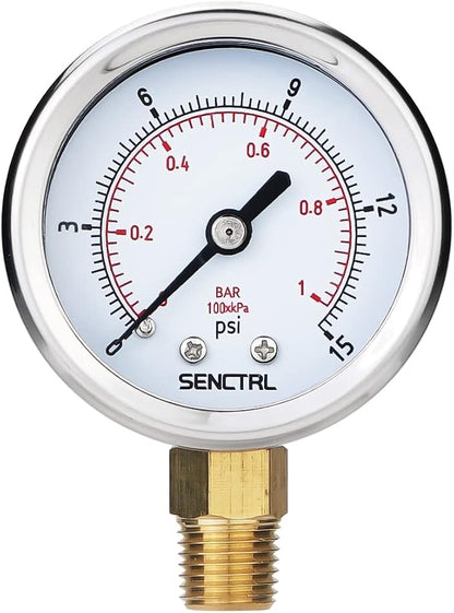 SENCTRL 0-15 Psi Low Pressure Gauge, 1/4 Npt Lower Mount, Waterproof, Stainless by senctrl